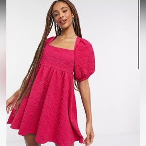 FREE PEOPLE‎ Violet Mini Dress in Fuchsia with Pockets and Bubble Sleeves